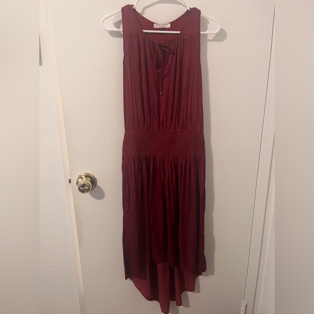 Halston Heritage Sleeveless Smocked Waist High Low Dress Ruby Maroon Small - Picture 4 of 14